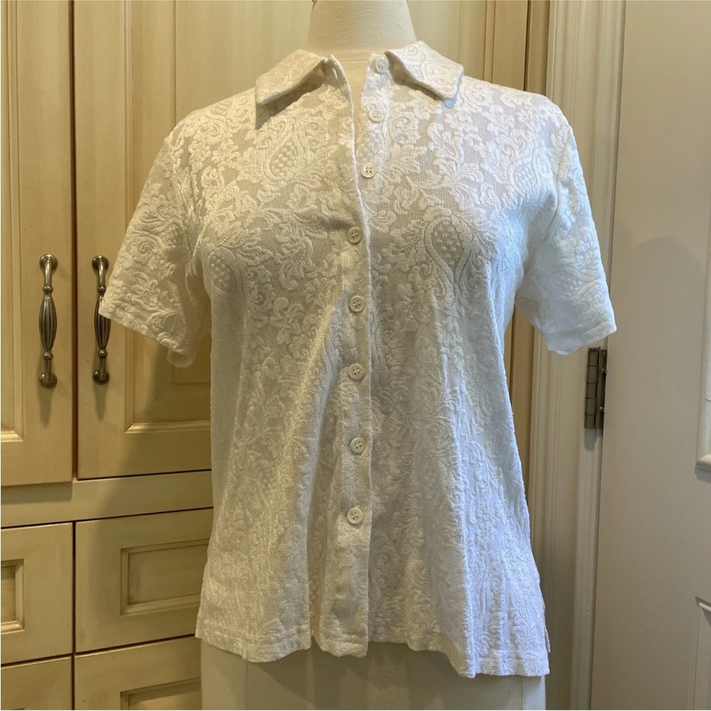 Karen Kane lifestyle white embroidered lace button shirt  XL collar Short Sleeve
